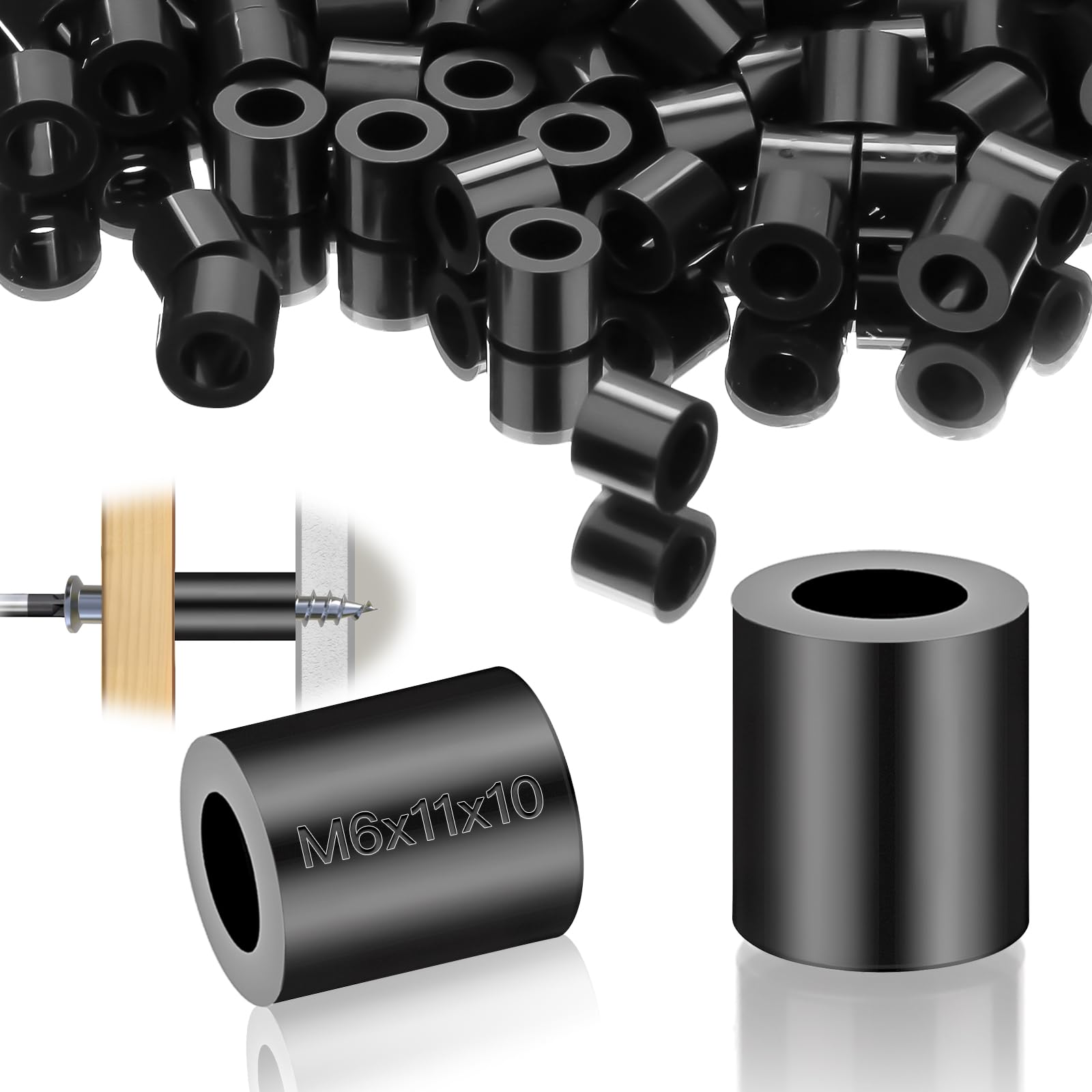 mawmuaw 100 Pcs Plastic Spacers Black, Nylon Spacers M6 Washers ABS Round Washer 11x10 mm Non Threaded Insulation Column Standoff Support Washers for M6 Screws