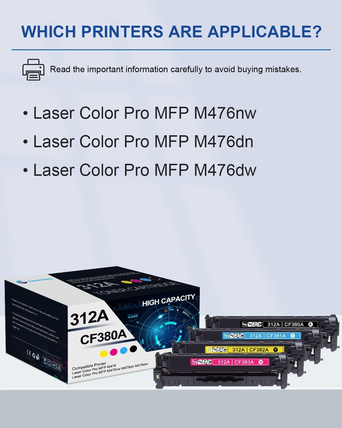 312A Toner Cartridges 4 Pack(BK/C/M/Y): Compatible CF380A CF381A CF382A CF383A Toner Replacement for HP 312A HP312A HP312 for Laser Color Pro MFP M476 MFP M476nw M476dn M476dw Printer