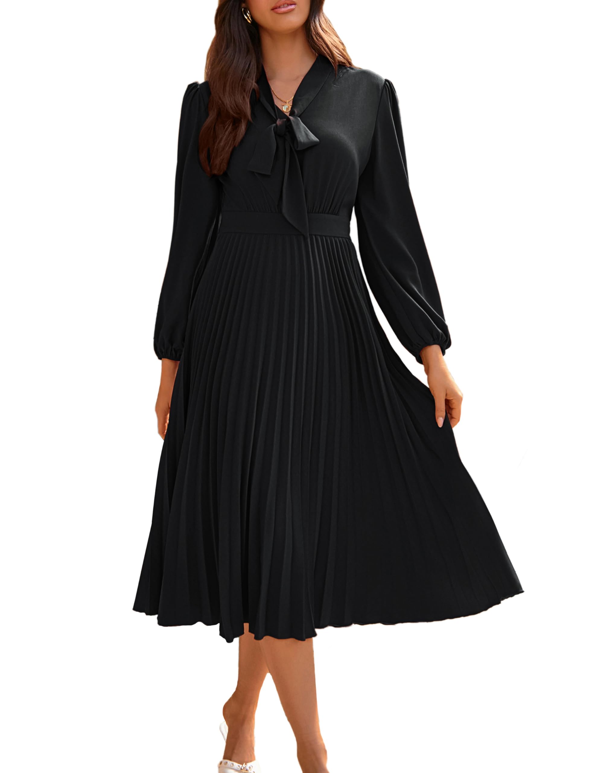 GRACE KARIN Womens 2025 Fall Long Sleeve Dress, Casual V Neck Pleated A Line Flowy Midi Dresses