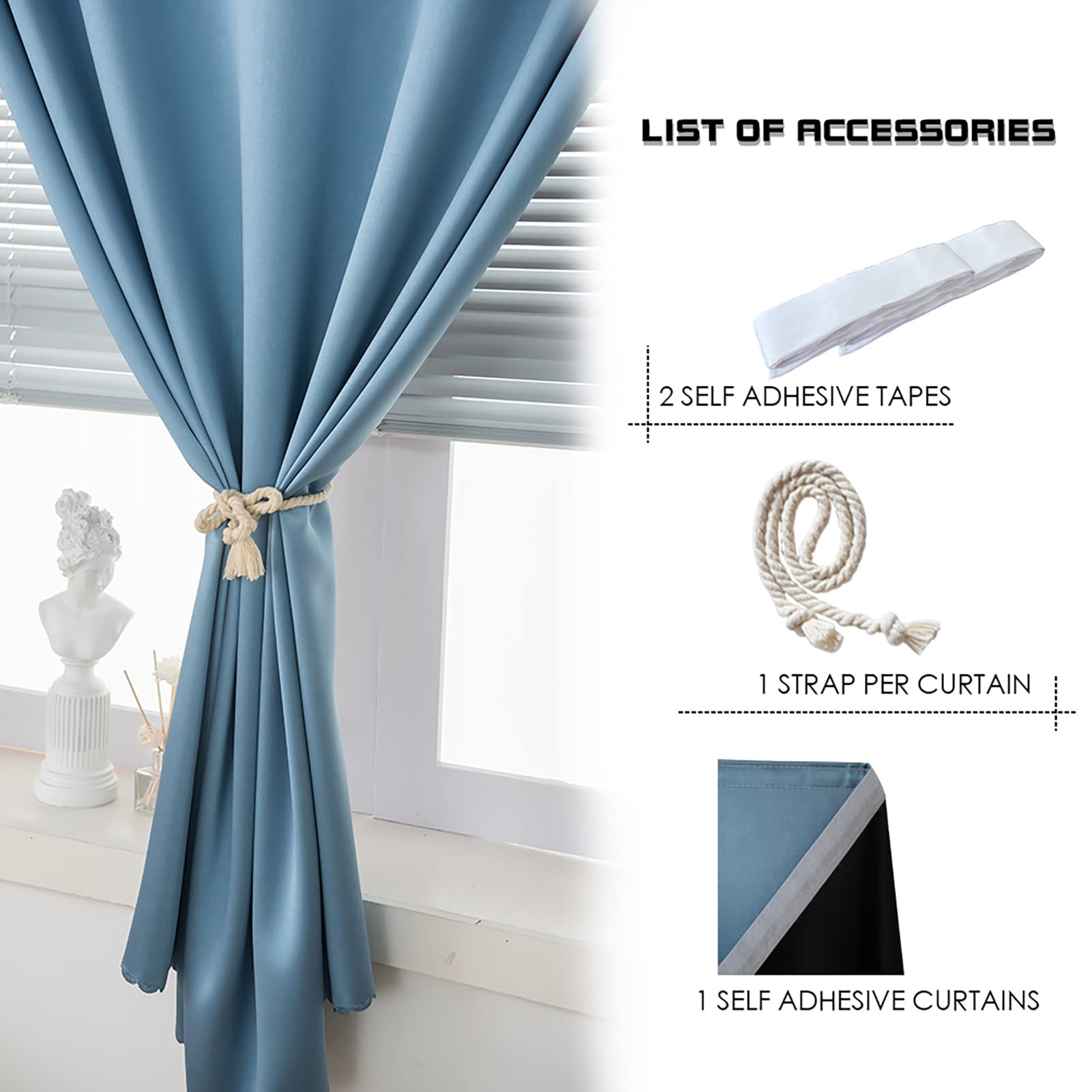 Photo 1 of AJAZZ 100% Blackout Self Adhesive Curtains Small Window Short Temporary Black Out Curtains Easy to Install Used for Bedroom Kitchen Window Cover (Light Blue, 35" W x 48" L 1 Panel)