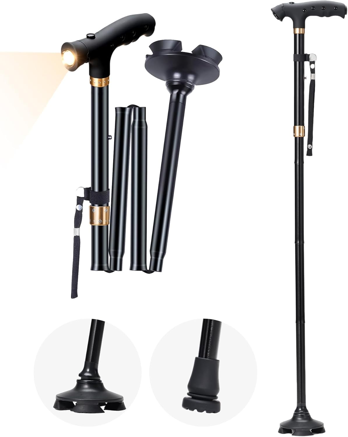 Sinocare Bastones Caminar Extensibles Hombres Mujeres Mayores | Bastón Aluminio Ligero Extensible (83-95cm) Base Giratoria 360° Antideslizante Capacidad 113kg Trekking Negro