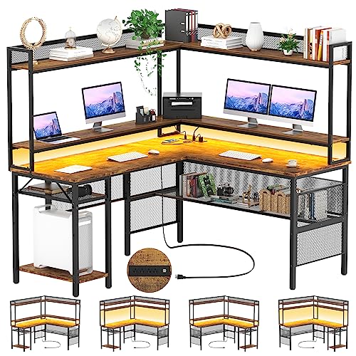 Unikito L Shaped Desk with Power Outlet, Reversible L-Shaped Corner Computer Desk with Storage Shelves & Monitor Stand, Gaming Desk with Led Light, Industrial 2 Person Home Office Desk, Rustic Brown