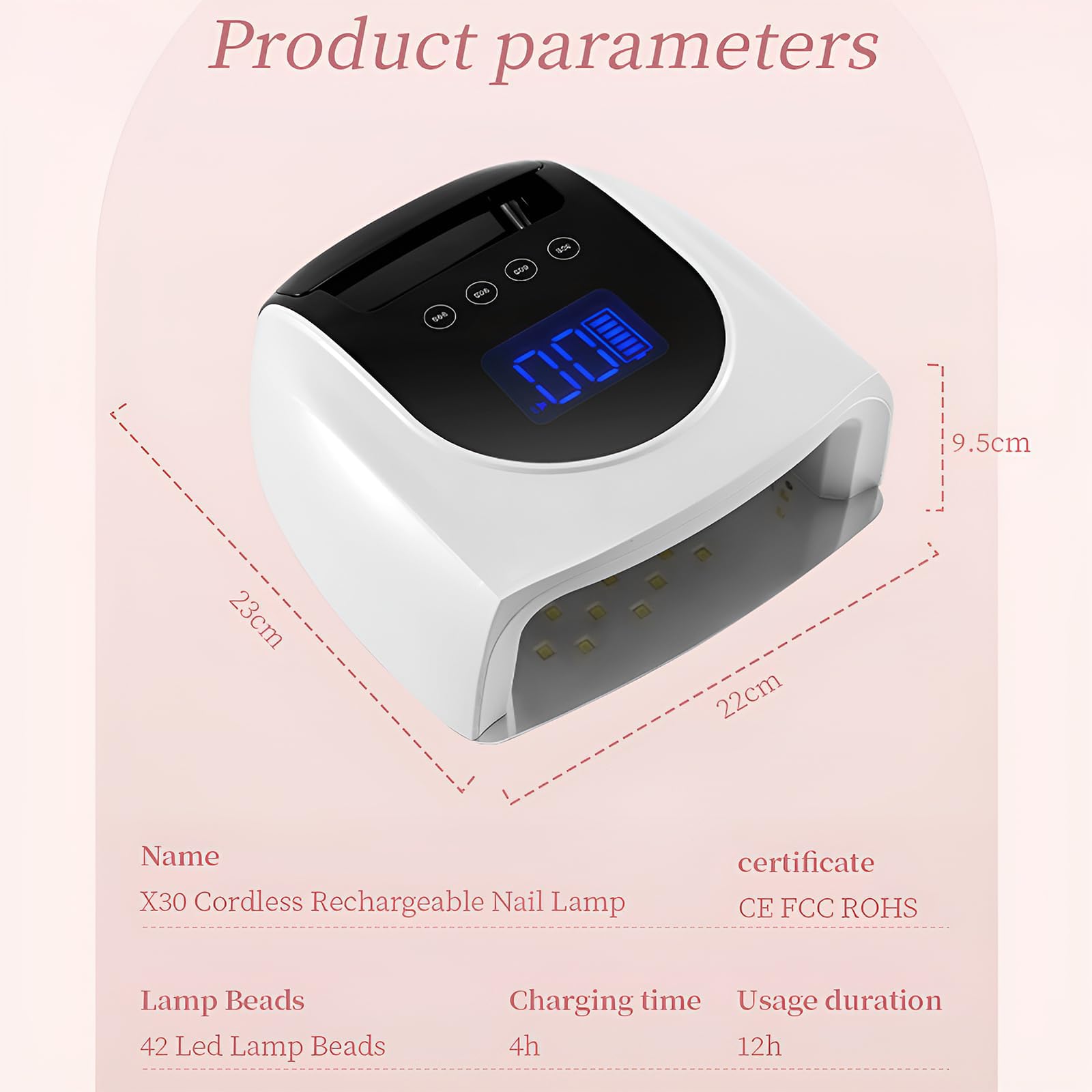 Lámpara de uñas LED UV inalámbrica de 96 W, secador de uñas recargable con 42 cuentas de lámpara, batería de 19200 mAh, 4 ajustes de temporizador y pantalla LCD, base extraíble con sensor automático
