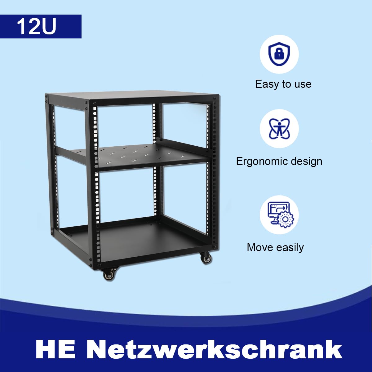 Rack de Serveur à Cadre Ouvert 12U Support de Serveur réseau autoportant, Universal 19 Pouces Rack Serveur Mobile avec 4 Roues pour équipement IT/réseau