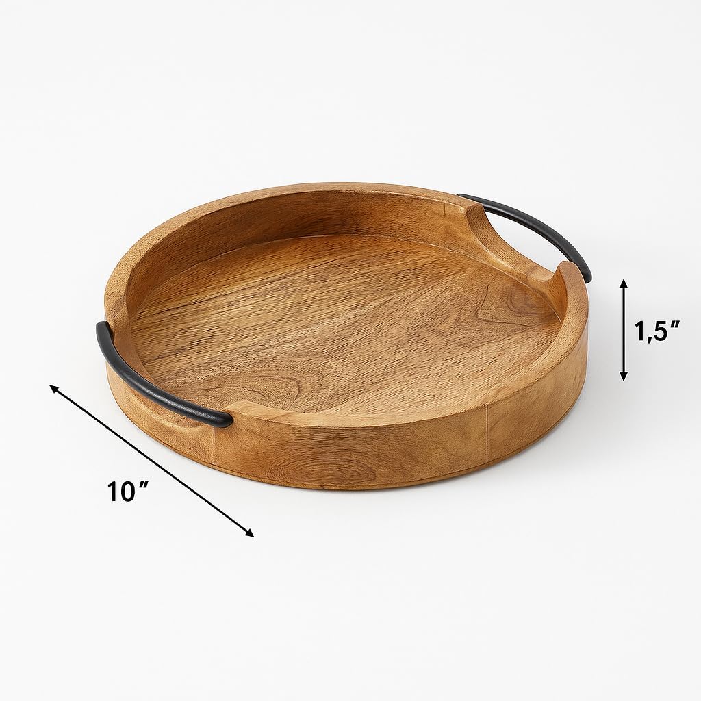 Craft Expertise Round Wooden Serving Tray - 10x10 Inch Brown Mango Wood Platter with Handles - Rustic Decorative Tray for Coffee Table, Kitchen, Dining, Breakfast & Charcuterie - Handmade Natural Wood 2