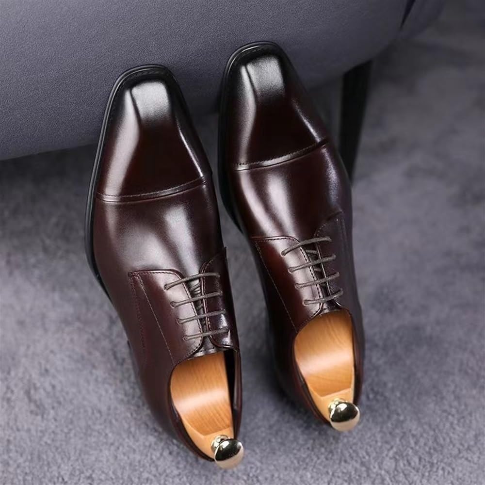 Men's Lace-Up Formal Leather Shoes Square Burnished Cap Toe with Low Top Rubber Sole for Weddings and Business