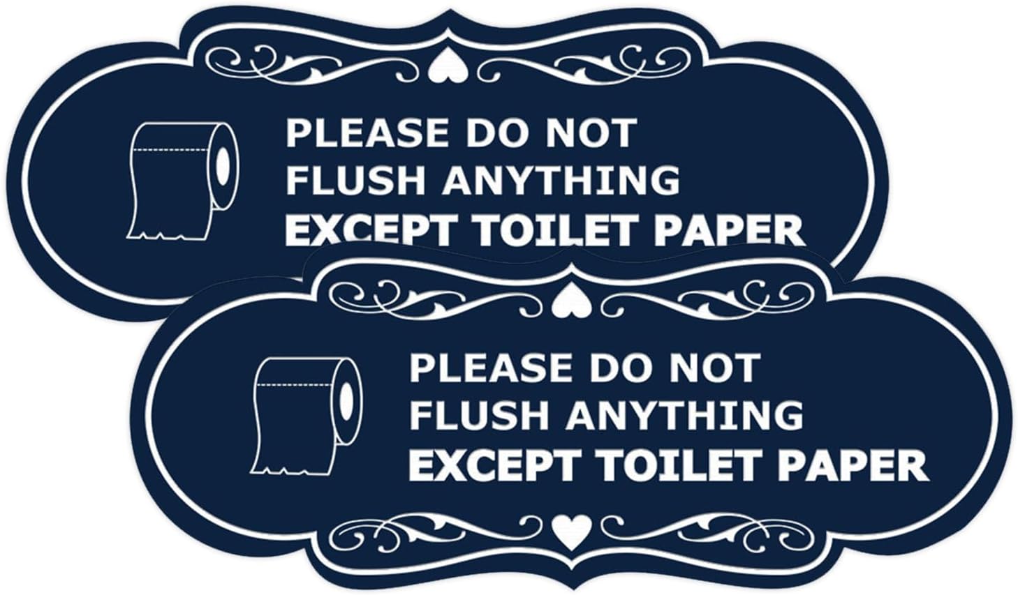 Designer Please Do Not Flush Anything Except Toilet Paper (Roll) Sign (Navy Blue/White) - Large 2 Pack