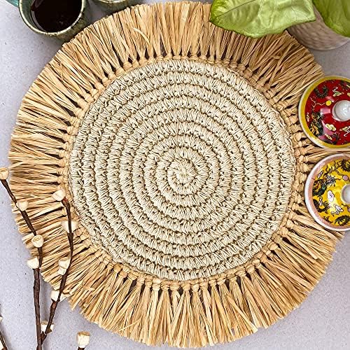 Nobbys Bleached Jute Crochet Placemat with Natural Raffia Fringes (Pack of 4)