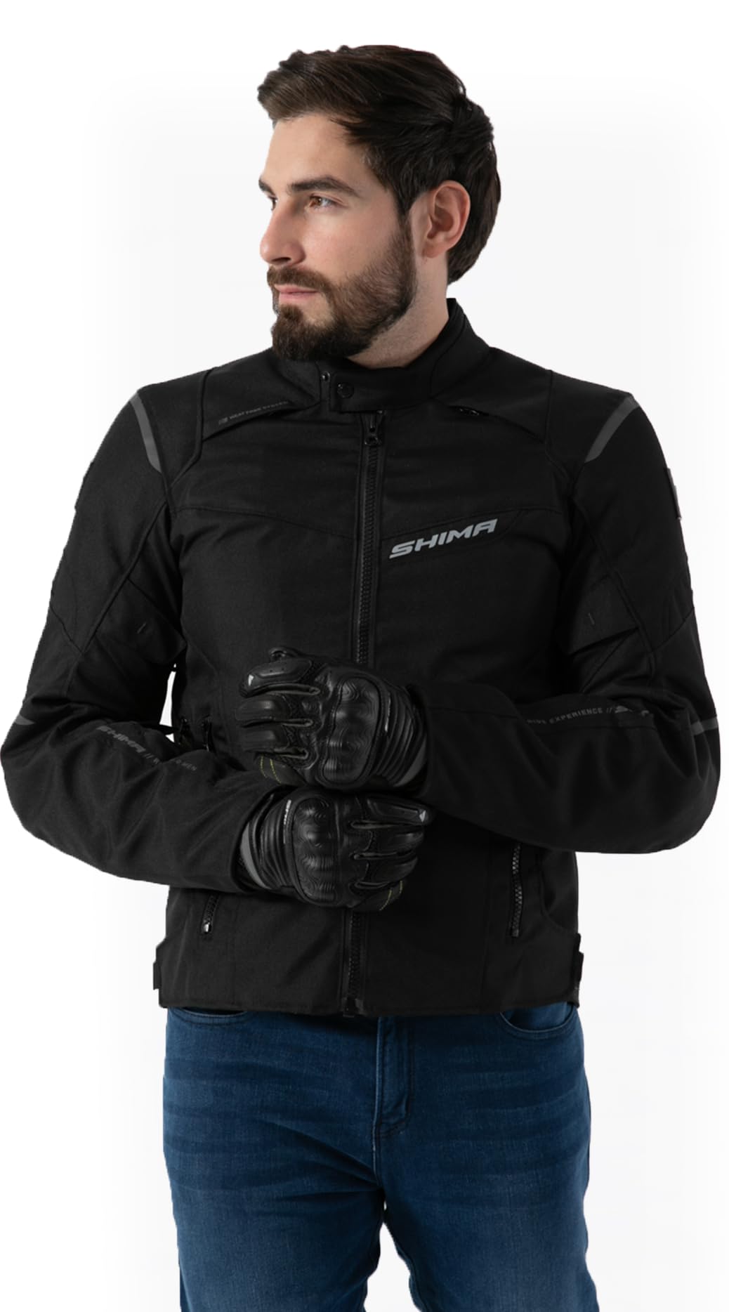 SHIMA RUSH Kurtka motocyklowa męska z ochraniaczami, tekstylny ochraniacz na plecy, wodoszczelna kurtka motocyklowa, na lato, spodnie motocyklowe, spodnie z siateczki (czarna, męska, kurtka ochronna,