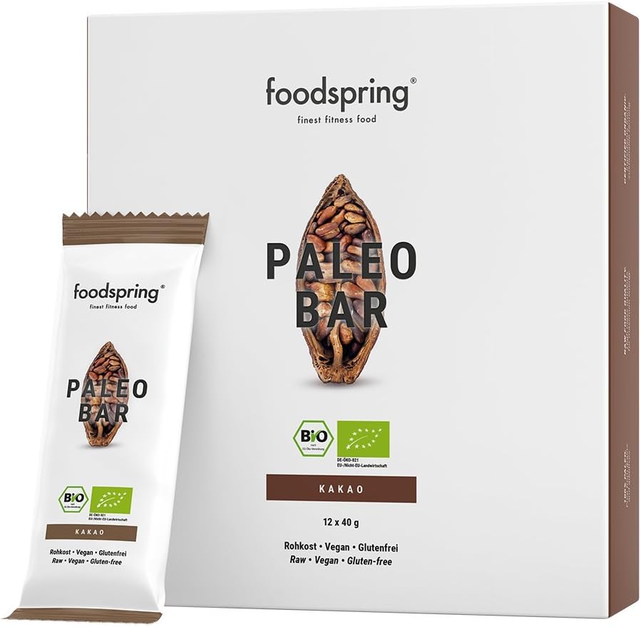 foodspring Organic Paleo Fruit Bar, Cocoa, 12-Pack, Vegan Raw Food