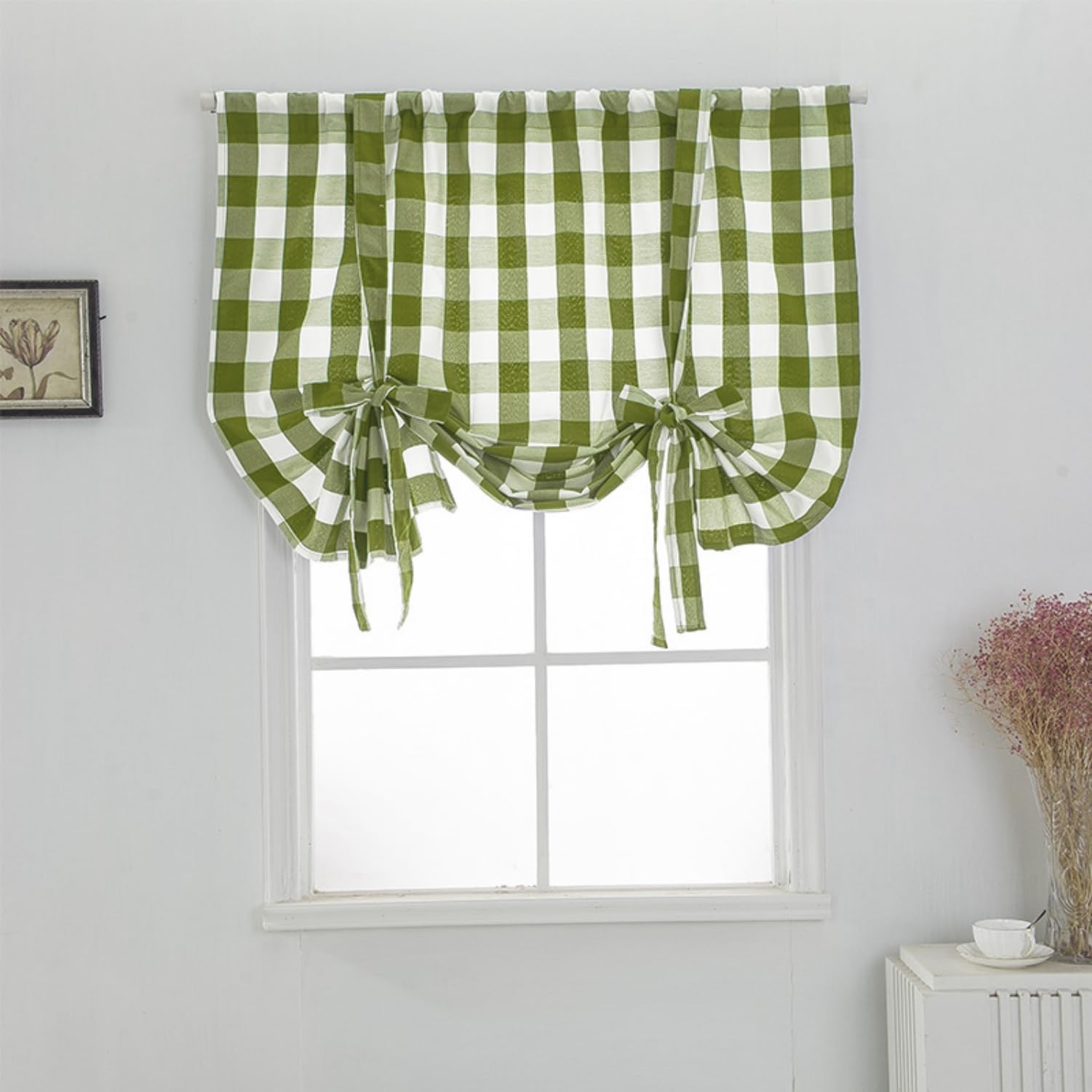 Easnea Buffalo Plaid Tie Up Curtains Farmhouse Curtain Valance Kitchen Window Curtain Shade Gingham Roman Shades Rod Pocket Balloon Kitchen Curtain Panels for Bathroom (Green, L)