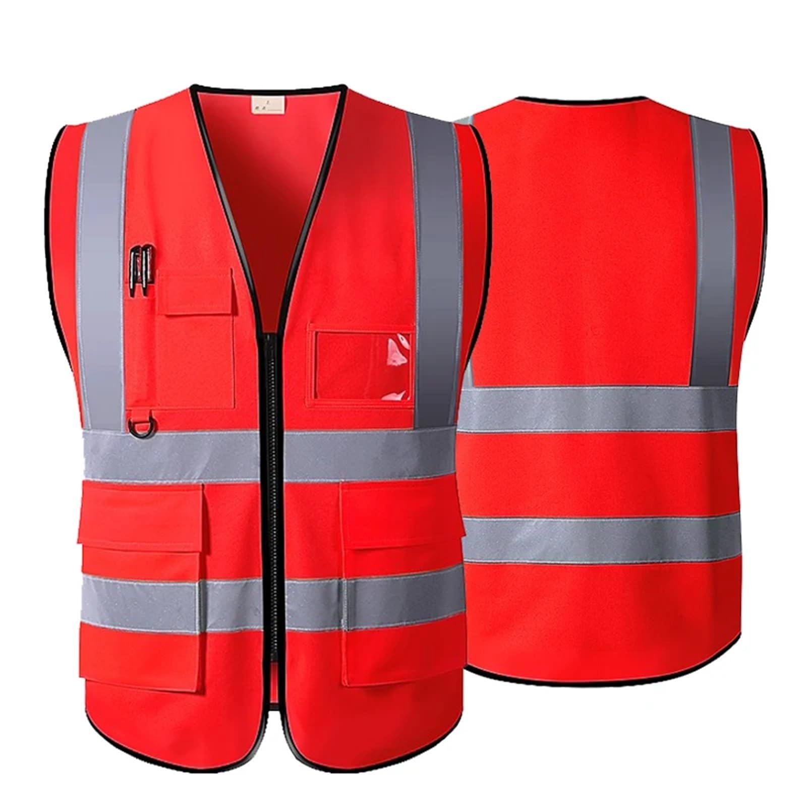 ByNGSDCC Reflective Safety Vest with Zipper & Pockets - High Visibility Construction Workwear(Red)
