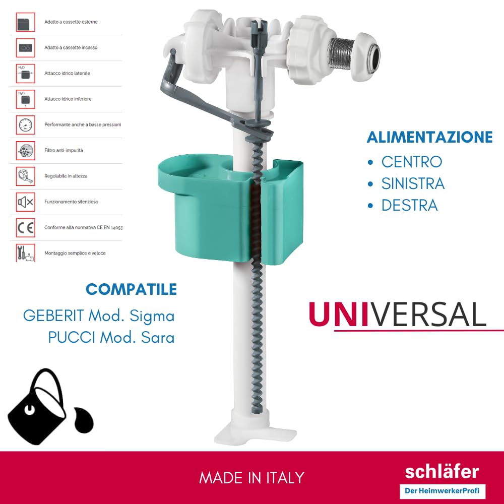 Schläfer 461601 | Rubinetto Galleggiante Universale 3/8 per Cassetta Wc, Raccordo in Ottone, Silenzioso Compatibile con Cassetta Sigma di Geberit e modello Sara di Pucci, Valvola regolabile