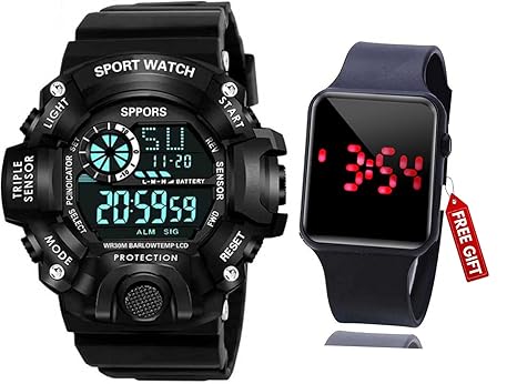Acnos Brand - A Digital Watch with Square LED Shockproof Multi-Functional Automatic Black Color Strap Waterproof Digital Sports Watch for Mens Kids Watch for Boys Watch for Men Pack of 2
