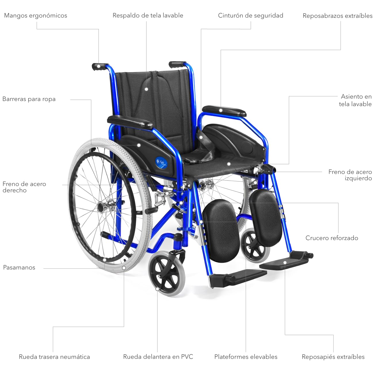 AIESI® Silla de Ruedas ligera plegable con reposapiés elevables ajustables AGILA EVOLUTION PLUS, Reposabrazos extraíbles, Cinturón de seguridad, Bomba de inflado, Garantía 24 meses