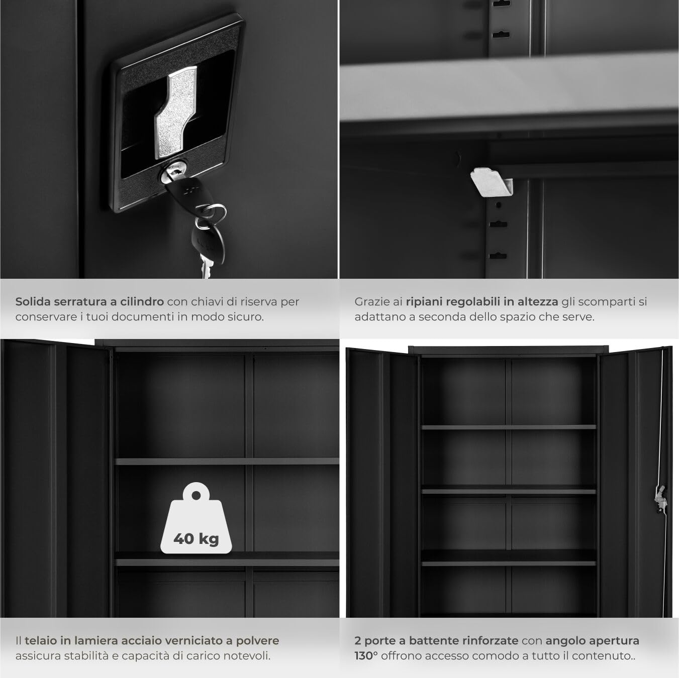 tectake® Armadio Portadocumenti, Armadio Multiuso 4 Scomparti, Ante a Battenti Rinforzate, Chiusura con Serratura a Cilindro, Acciaio di Alta Qualità Verniciato a Polvere, 140x90x40 cm - Nero