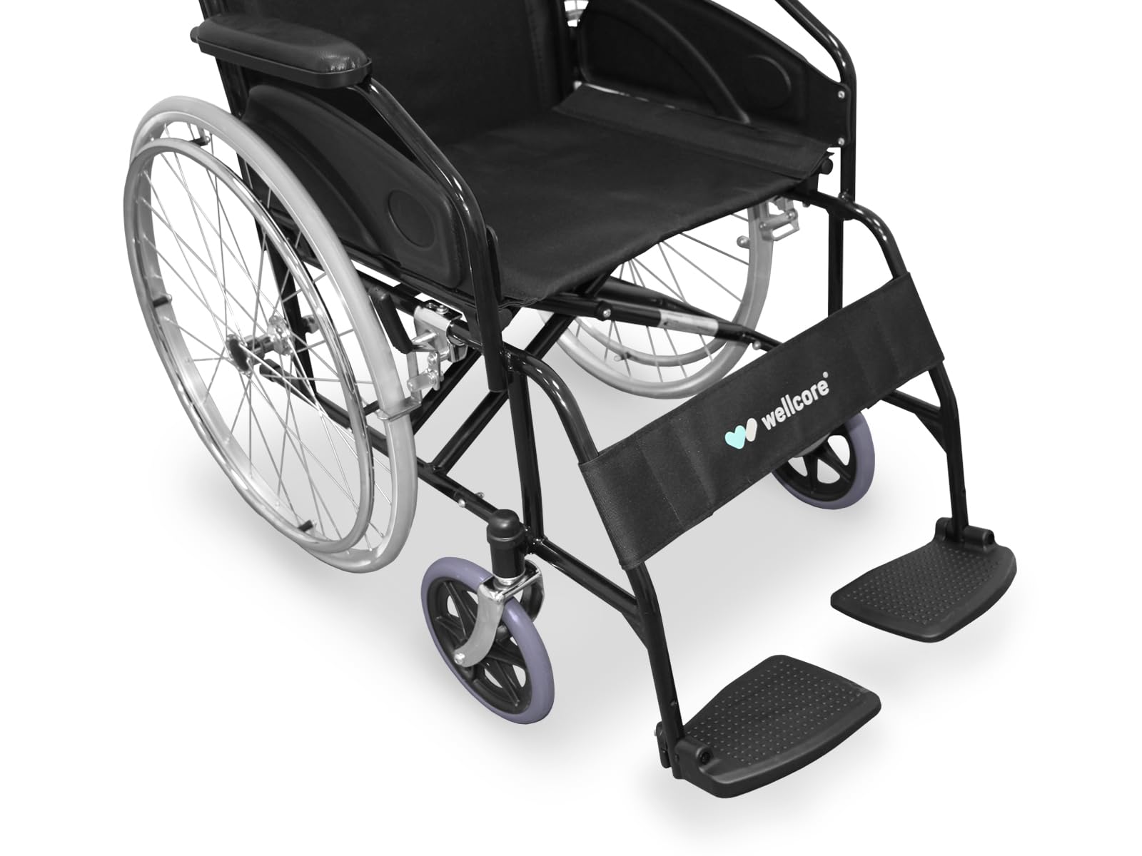 WELLCORE Silla de ruedas plegable para traslado, Estructura de acero, Ligera y Compacta, Ruedas macizas, Frenos de maneta, Respaldo abatible, Ancho asiento 46 cm, Hasta 100 kg