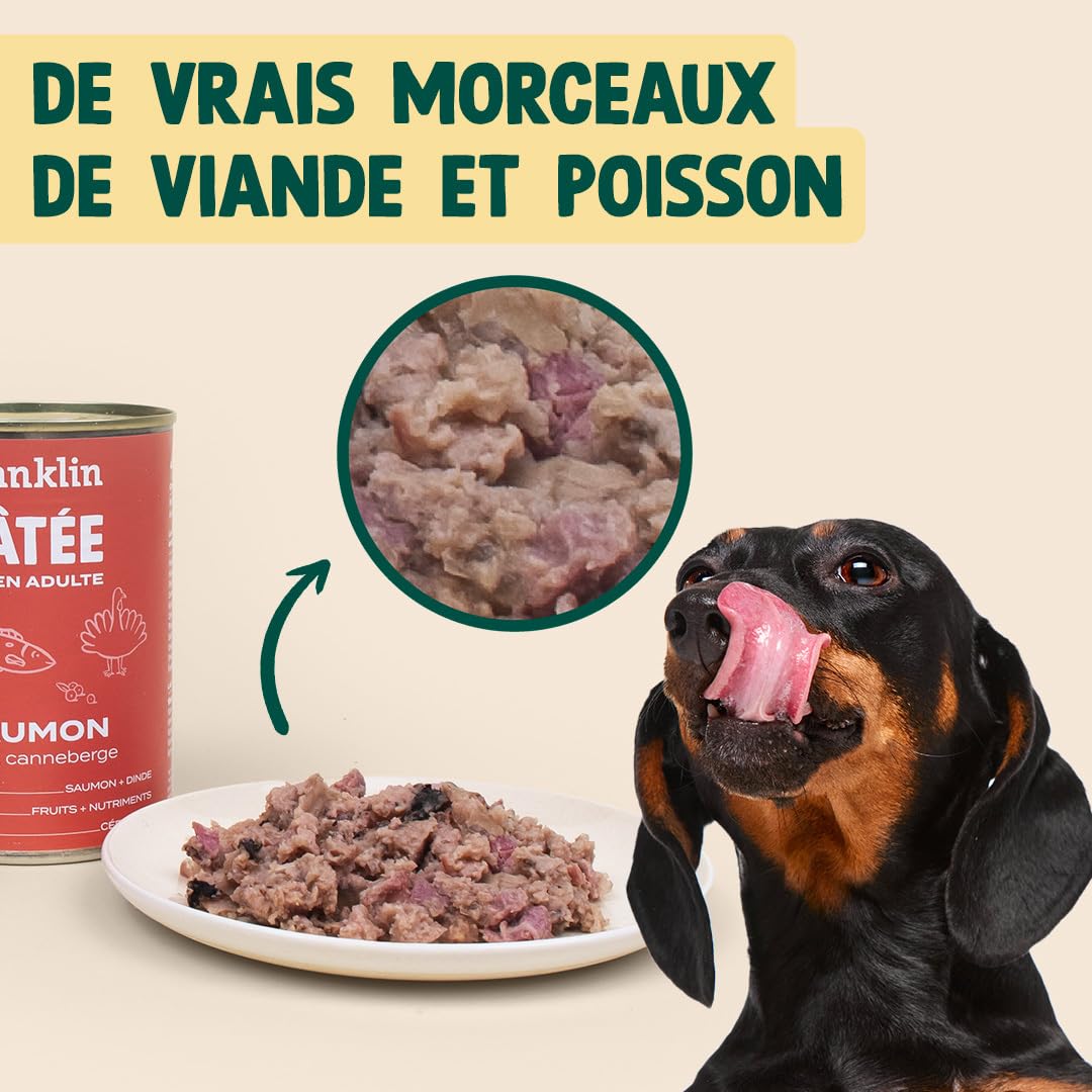 FRANKLIN – Patée pour Chien – Lot 6x400g – 70% de Saumon et Dinde – Riche en Protéines – Contrôle du Poids – Brillance du Poils – Digestion Facile