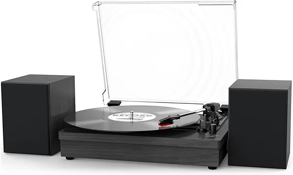 WOCKODER Record Player with Dual Stereo Speakers, Vinyl Record Player with 3 Speed Support Wireless Connection RCA Output Aux in USB Vintage Design Turntable Black