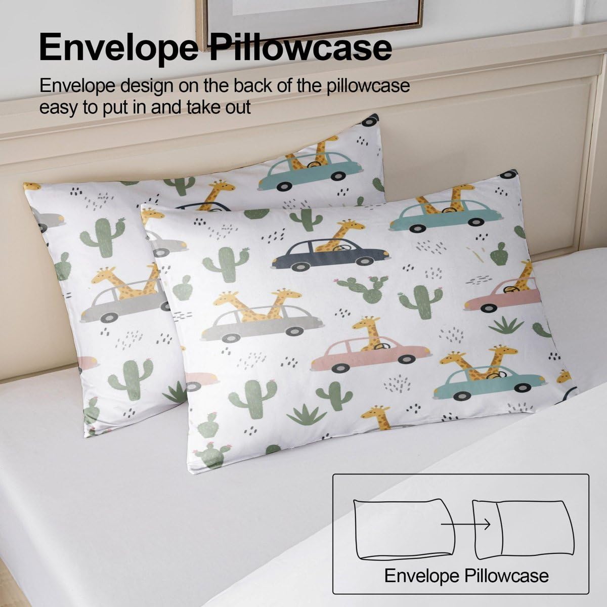 Juego de funda de edredón con estampado de jirafa y cactus de dibujos animados, ropa de cama de microfibra suave para decoración de dormitorio infantil (estilo 1, tamaño King 240 x 220 cm + 50 x 75 cm