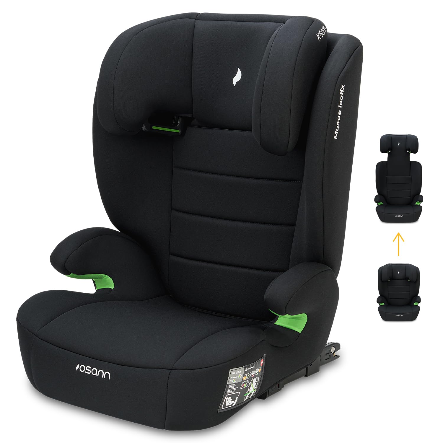 Osann Musca Isofix Kindersitz ab 3 Jahre 100-150 cm, Autositz mit Isofix | Sitzerhöhung mit Rückenlehne, Kindersitz 15-36 kg, mitwachsender Kinderautositz extra weich und bequem - Black