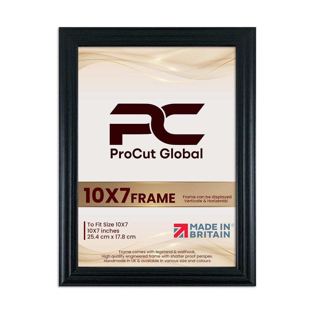 Procut Global 10X7 Black Picture Frames - Classic Wooden Photo Frame with Shatterproof Perspex for Wall or Tabletop - Perfect for Posters, Certificates & Prints - Sizes & Colors Available — image 1