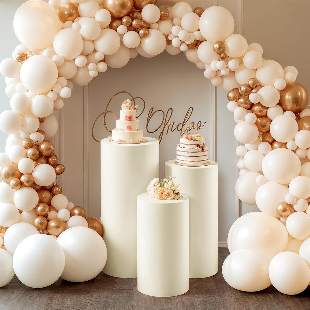 CREATCABIN Set of 3 Beige Cylinder Pedestal Stand Covers Spandex Cylinder Stand Covers Plinth Pedestal Cover Elastic Cloth Event Round Display for Party Backdrop Birthday Wedding(Without Stands)