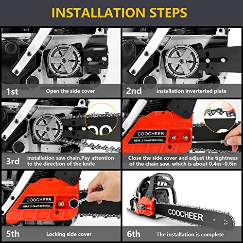 COOCHEER 20'' Chainsaw 62CC 2-Stroke Gas Powered Chain Saws with 2 Chains, Tool Kit, Carring Bags for Cutting Trees, Wood