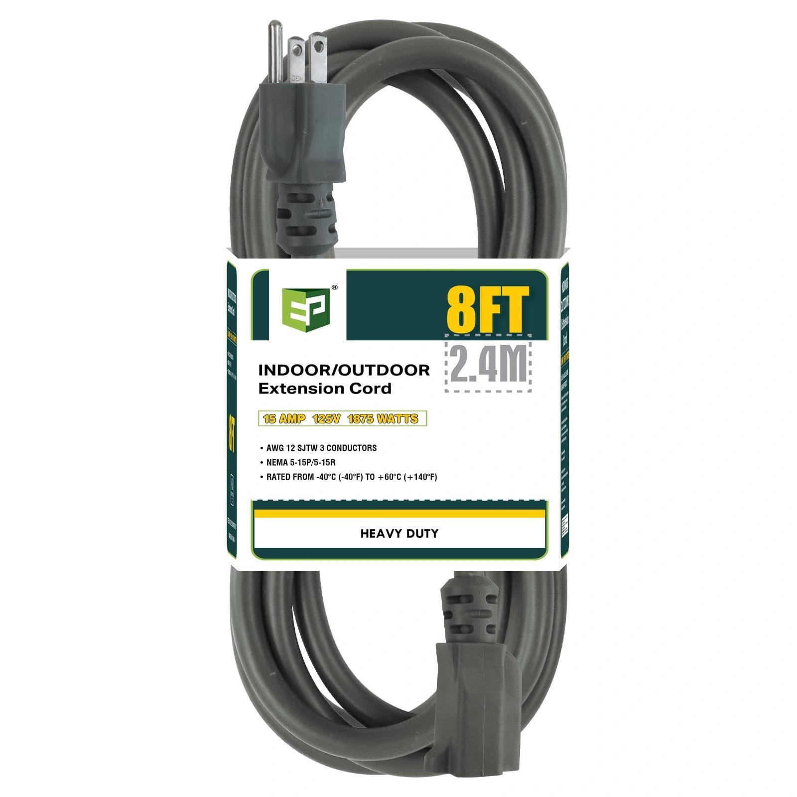 EP 8ft Outdoor Extension Cord, 12/3 SJTW Heavy Duty Extension Cable with 3 Pin Plug, 15A Power Cable for Lawn, Garden, Appliances, Grey-image-22