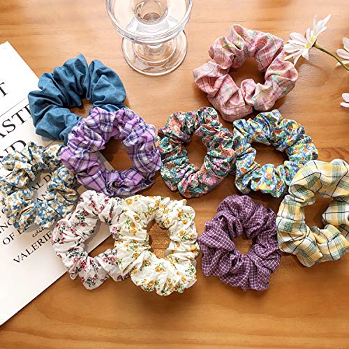 OCheng 10 Pcs Floral Hair Silk Scrunchies Elastic Hair Bands Scrunchy Hair Ties Ropes Scrunchie for Women Girls Hair Accessories Ponytail Holder Scrunchies
