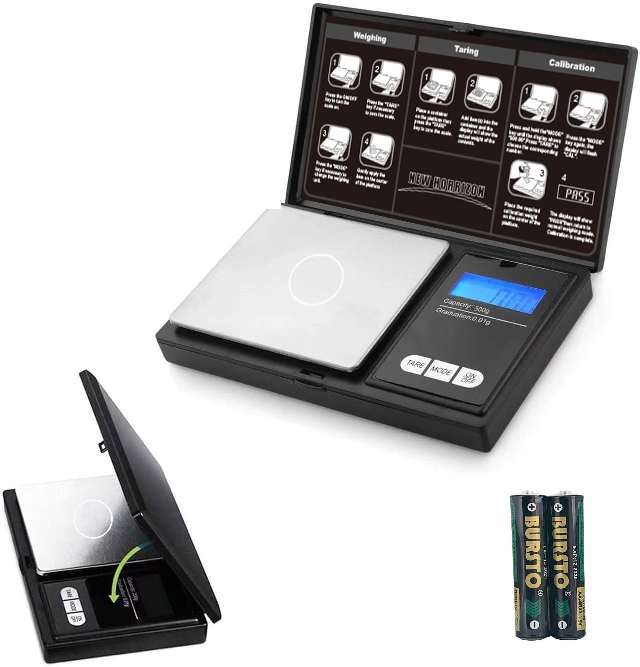 New Horrizon Digital Scales, Kitchen Scales Digital, Pocket Scales, 0.01g x 500g, Food Scale LCD Display, Jewellery Scales Weighing Scales Kitchen