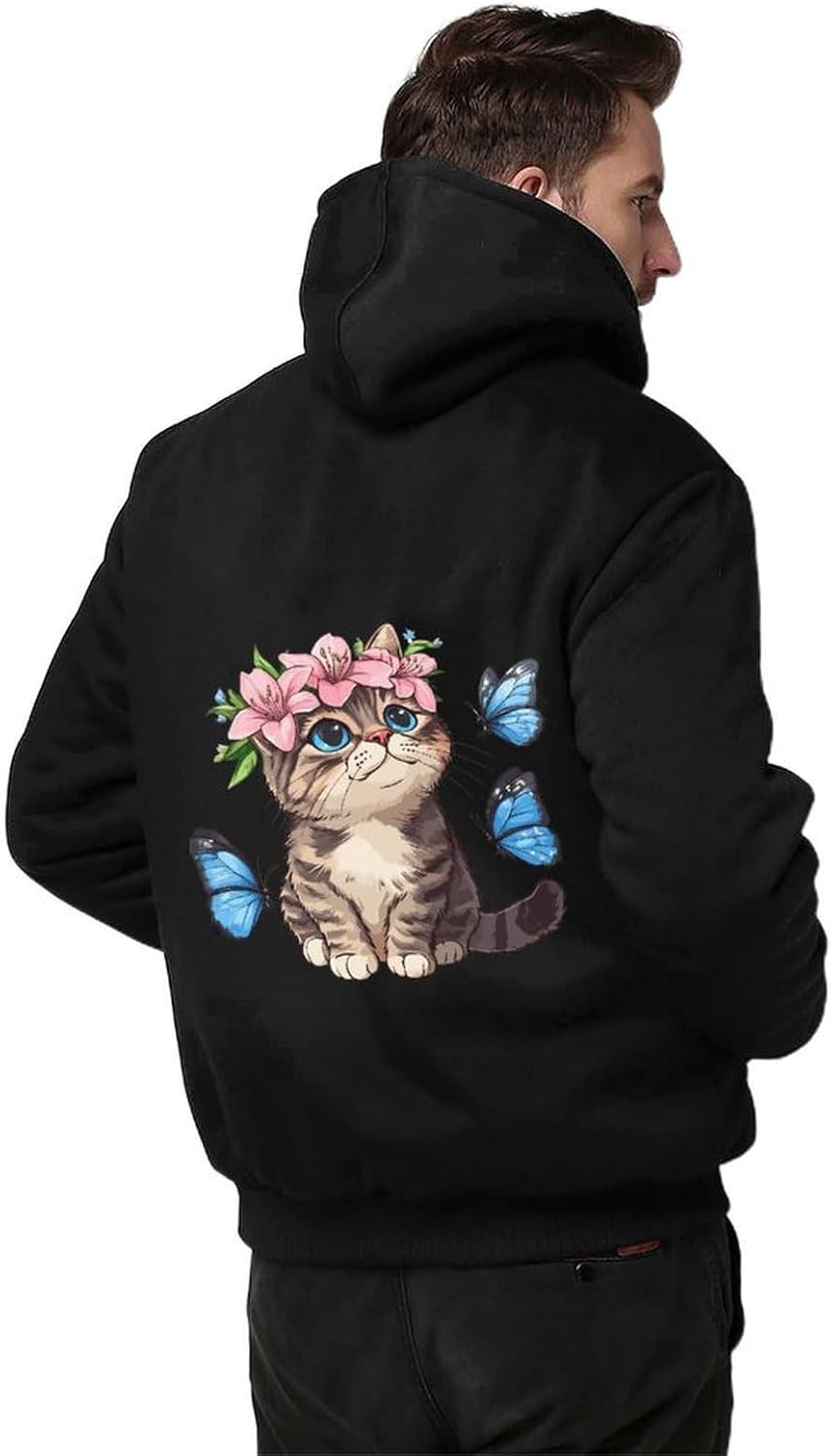 Cat Butterfly Men's Hoodie Full-Zip Hooded Sweatshirt Fleece Jacket Coat Winter Warm Clothing