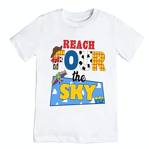 Reach Four the Sky Birthday Shirt Toddler Boy Girl Fourth birthday shirt Handmade 4 Cowboy birthday shirt Cute birthday outfit (5Toddler)