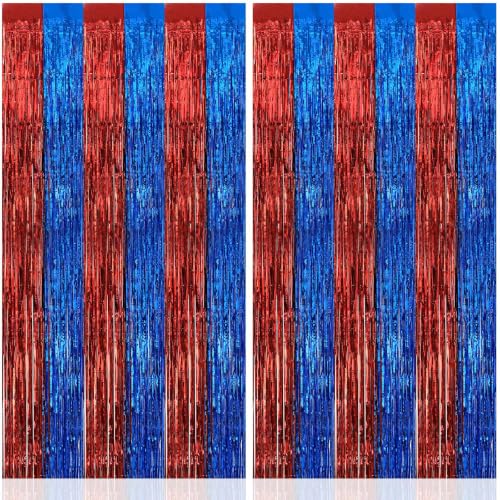 Image of 2 Pack Fringe Curtains Backdrops, Foil Fringe Curtains, Door Streamers for Birthday Wedding Bridal Shower Holiday Graduation Party Decorations Red Blue