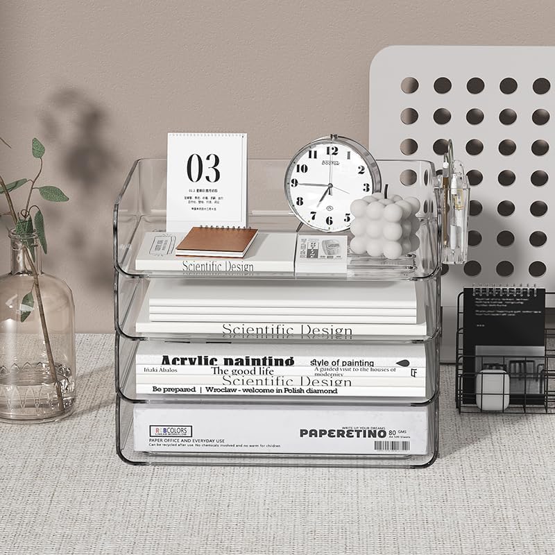 Miniatura 2 de Organizador de bandeja de papel apilable de 4 niveles para escritorio con vaso colgante desmontable para bolígrafo, organizador de papel de