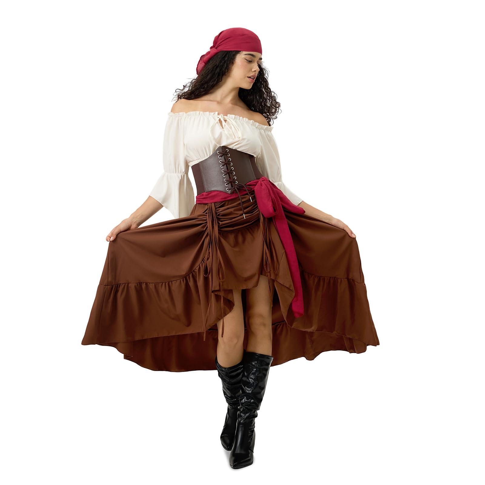 Piratenkostüm Damen, Mittelalter Piraten Kostüm Set, mit Piraten Accessoires Piraten Kopftuch, Taillengürtel, Mittelalter Kleid Damen mit Piraten Korsett, für Karneval Fasching, Halloween, Mottoparty