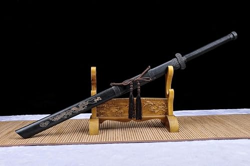 Miniatura 6 de Espada ancha,Espadas dao de oro negro real,Hoja de quemadura de acero de alto carbono forjada a mano,Vaina negra,Accesorios de aleación