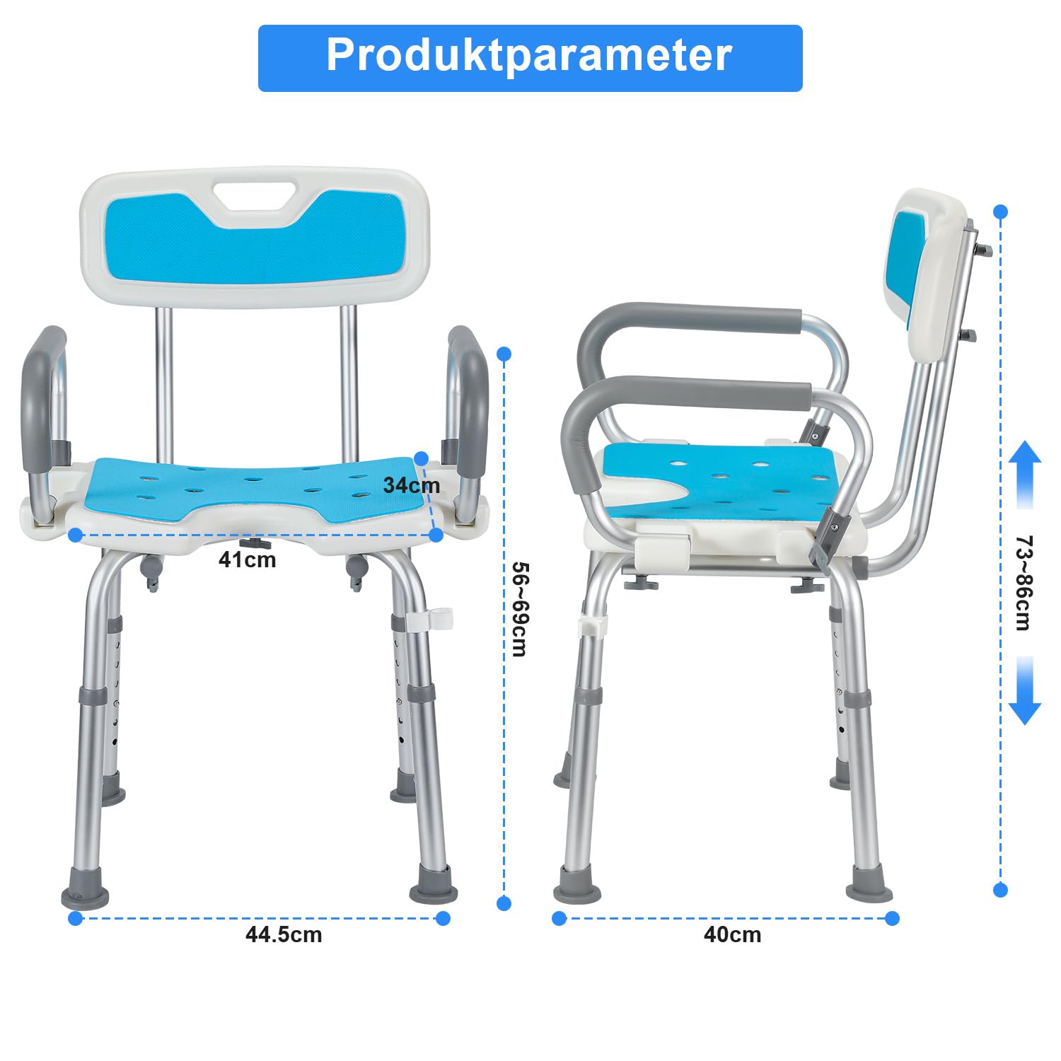 Silla de ducha con reposabrazos y respaldo, altura regulable en 6 posiciones | Con reposabrazos plegables, respaldo extraíble, asiento en forma de U, pies antideslizantes de TPR, soporta hasta 136 kg