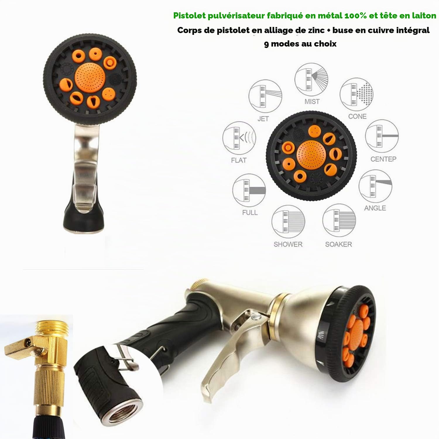 Métal Pistolet Arrosoir, Tuyau d'arrosage Flexible Rétractable, connecteur en Laiton Plein, 9 Fonctions Pistolet, Flexible pour Irrigation, Inclure la vanne d'arrêt（25FT - Contraction 7.6FT）