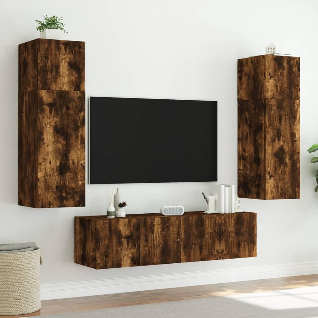 Muebles TV Muebles Comedor Armario cocinaMuebles TV de Pared Luces LED 2 uds Roble Ahumado 80x35x31 cm