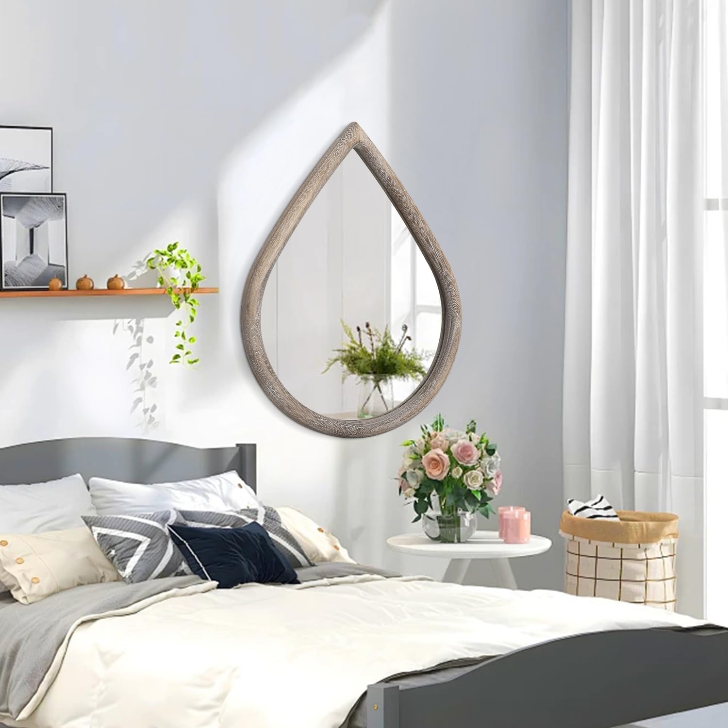 Rustic Farmhouse Wall Mounted Mirror Solid Wood Frame Teardrop Mirrors Wall Decorative Mirror for Bathroom Entryway Living Room Home Decor