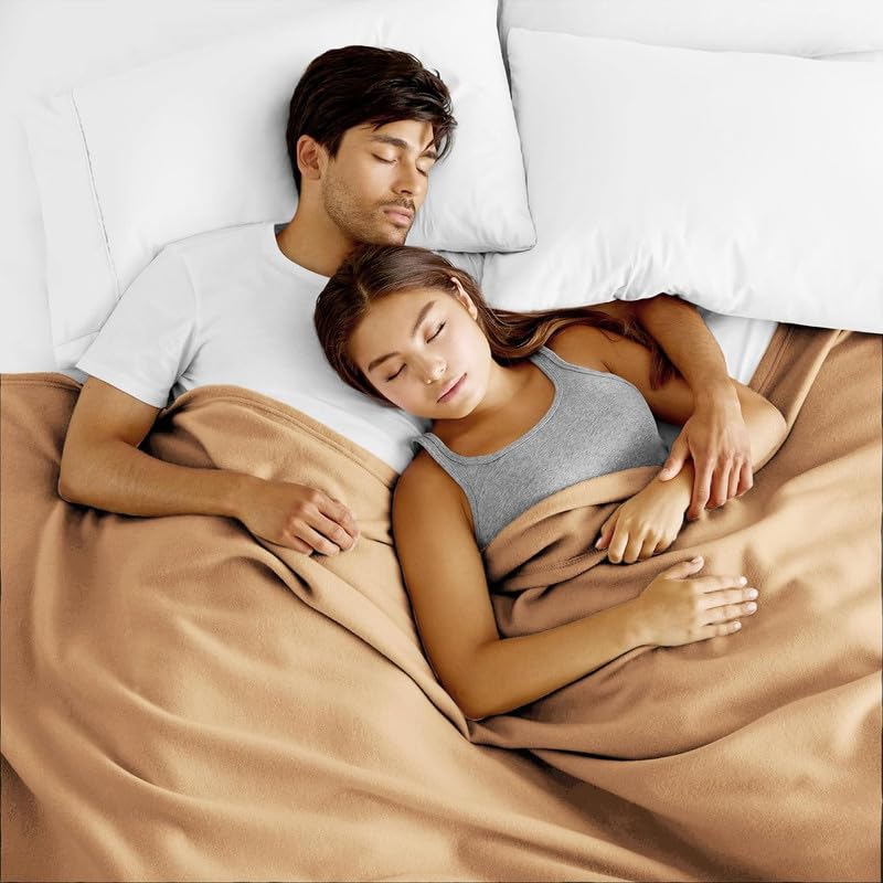 Image of 220 GSM Polar Fleece Double Bed Lightweight Plain Blanket for All Season Travel & Camping, 90x90Inch, Beige