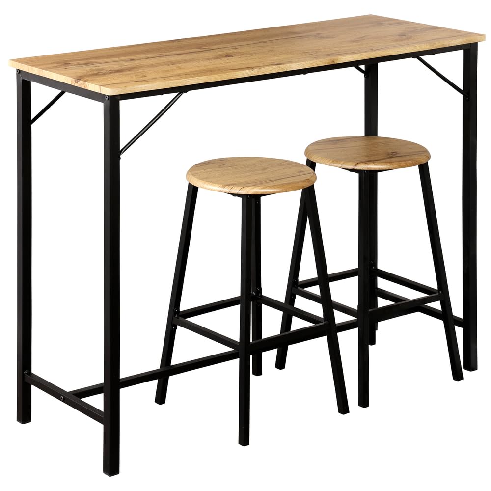 Kesper Bar-Set 3-teilig bestehend aus Bartisch und 2X Barhocker - Metall schwarz - Holzplatte - Küchenbar