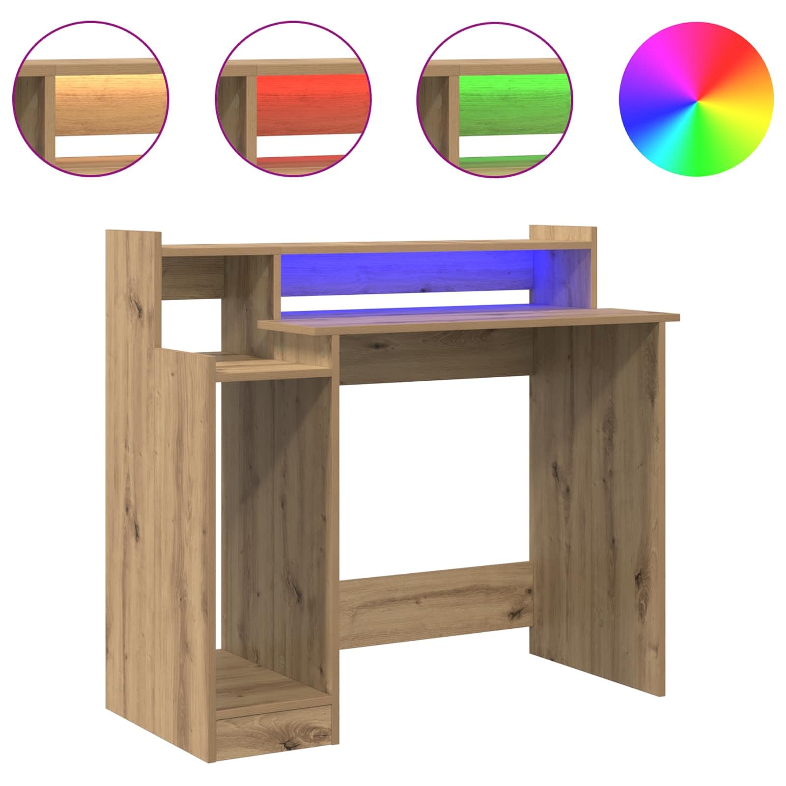 Escritorio de madera de roble Artisan, 97 x 45 x 90 cm, con iluminación LED, puerto USB y 3 estantes, moderna mesa de ordenador para oficina, oficina en casa, estudio