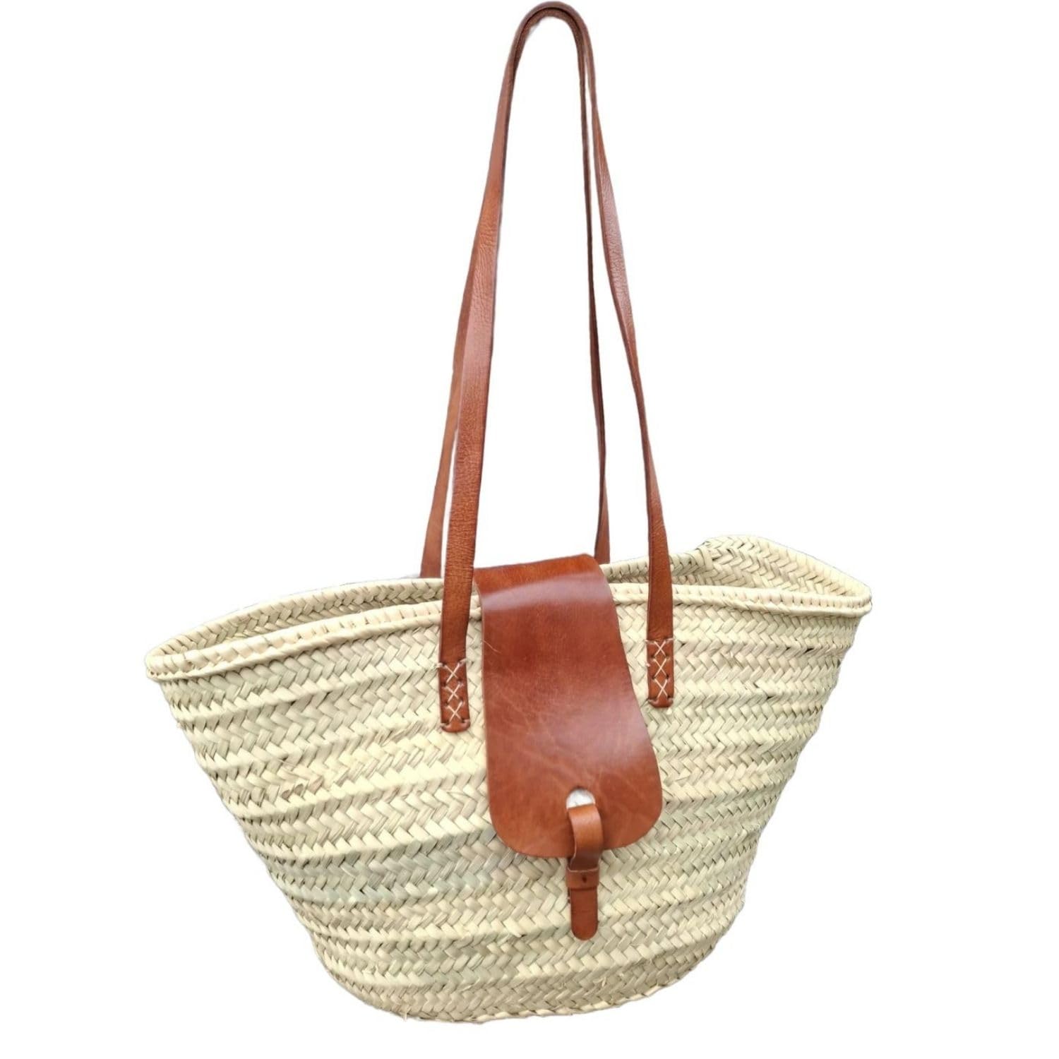 Ibiza Korbtasche Solana modern aus Palmblatt und Leder in Natur 50 cm
