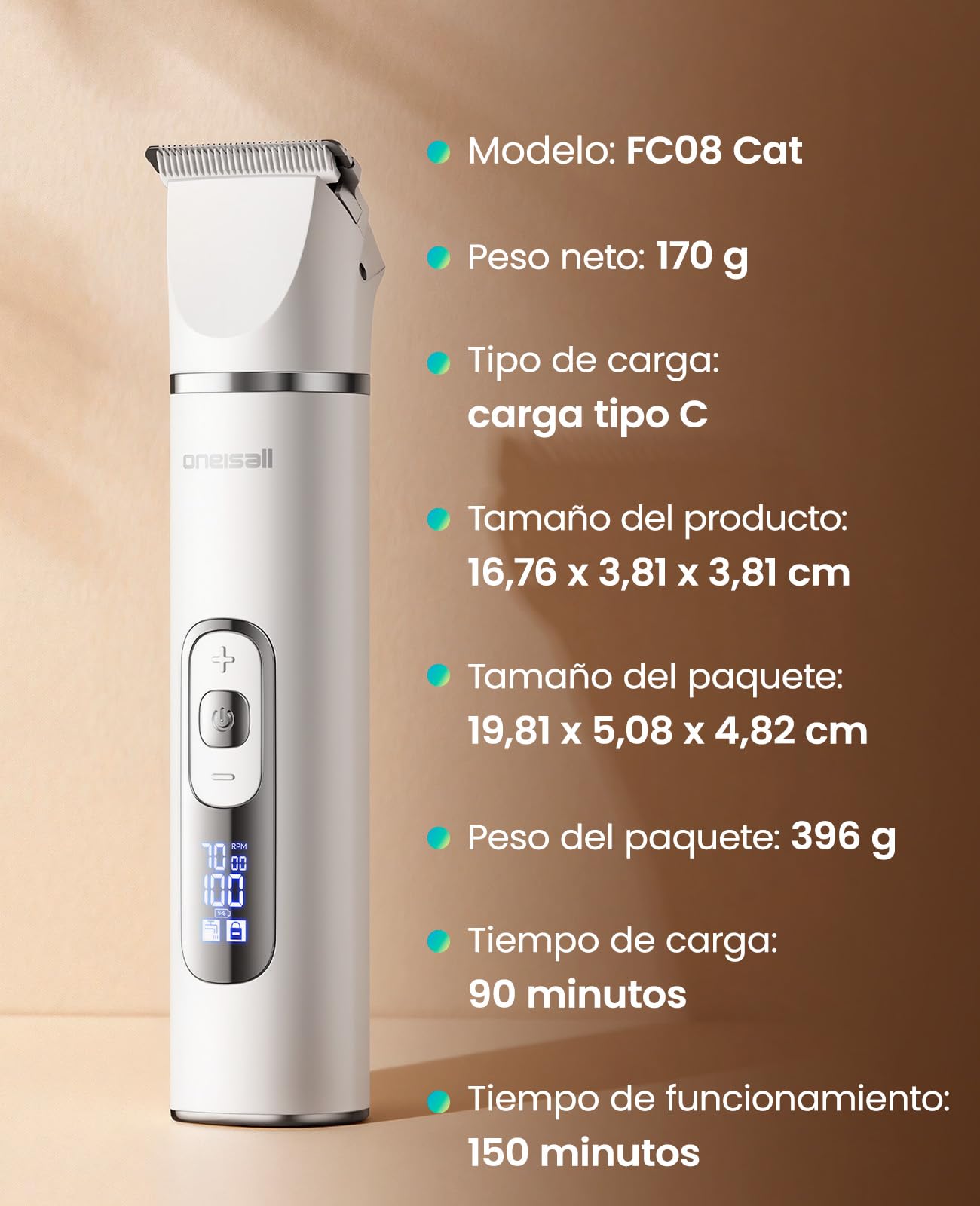 Oneisall Cortapelos 3 en 1 para Mascotas, Maquina Cortar Pelo Perros, Maquinilla Silenciosa con Pantalla LCD, Ideal para Cortar Pelaje Enredado, Sarro Anal, Patas y Ruedas de Gatos y Perros