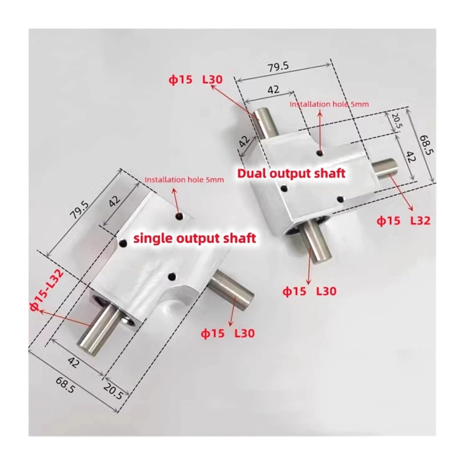 Reductor de engranaje dirección con accionamiento angular, eje salida doble/simple aluminio 1:1, 15 mm, 1,5, 19 dientes, 20 kg, 2000 rpm | Dual output shaft