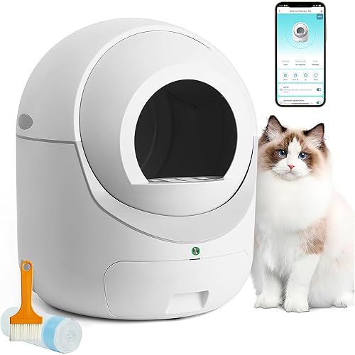 Self Cleaning Cat Litter Box, Anti-Pinch/Odor-Removal Design Large Automatic Cat Litter Box for Multiple Cats with Garbage Bags/Brush, All Litter Can Use, Easy Clean, Smart App Control