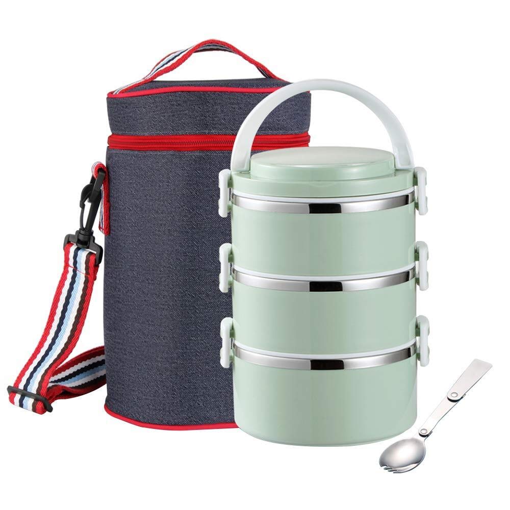Thermal Lunch Box, Arderlive Stackable Insulated 18/8 Stainless Steel Lunch Container With Denim Lunch Bag, Portable & Leakproof 3Tier-green