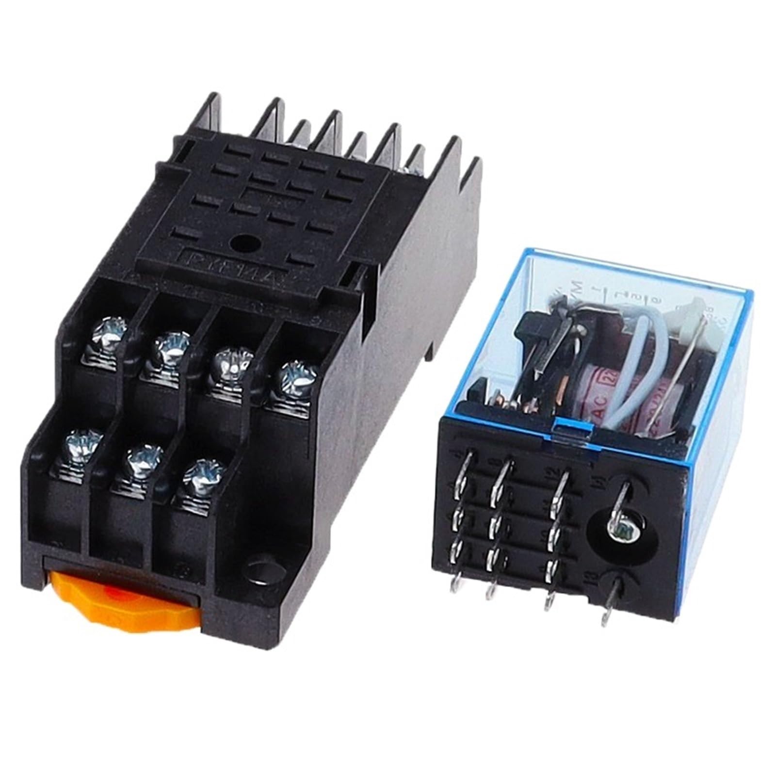 Juego de 10 relés de potencia con indicador LED, CC, 12 V, CA, 12 V, CC, 24 V, CA, 24 V, bobina de 5 A, 4 NO, 4 NC, riel DIN, relé de tiempo de 14 pines con base de zócalo(AC,380V)